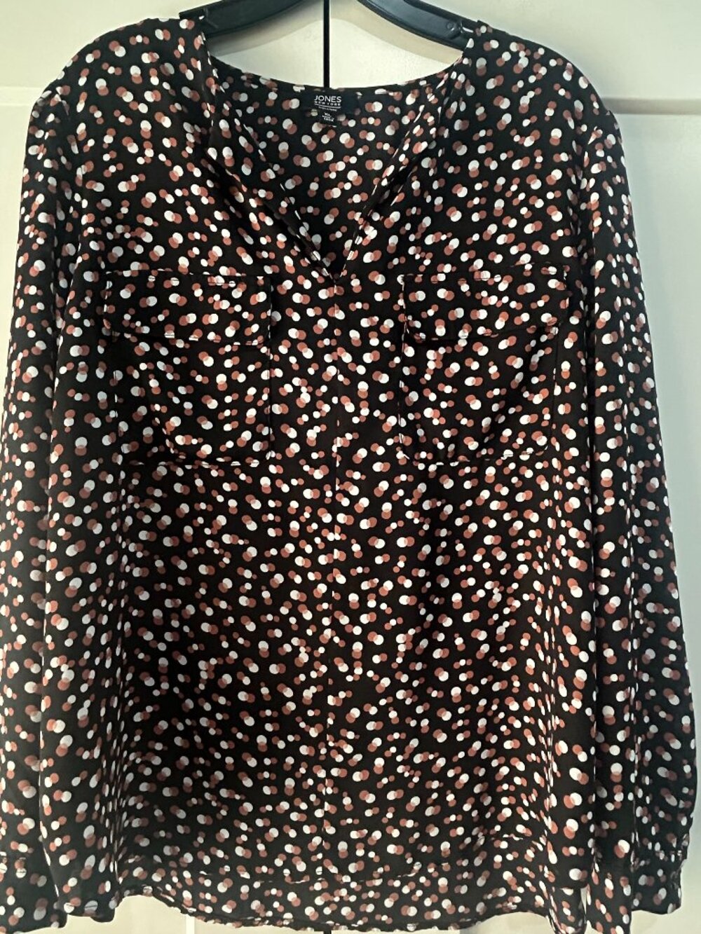 Jones New York Signature XL Black Polkadot Print Long Sleeve Blouse